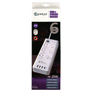 Sansai 6 Way Surge Powerboard with 3x USB, 1x USB-C Charging Ports