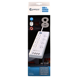Sansai 8 Way Surge Powerboard with 3x USB Charging Ports