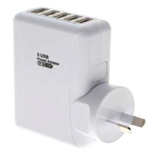 8ware 5 Port USB Wall Charger with Travel Adapter - White